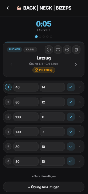 Workout-Tracking mit Saetzen, Gewicht und Wiederholungen